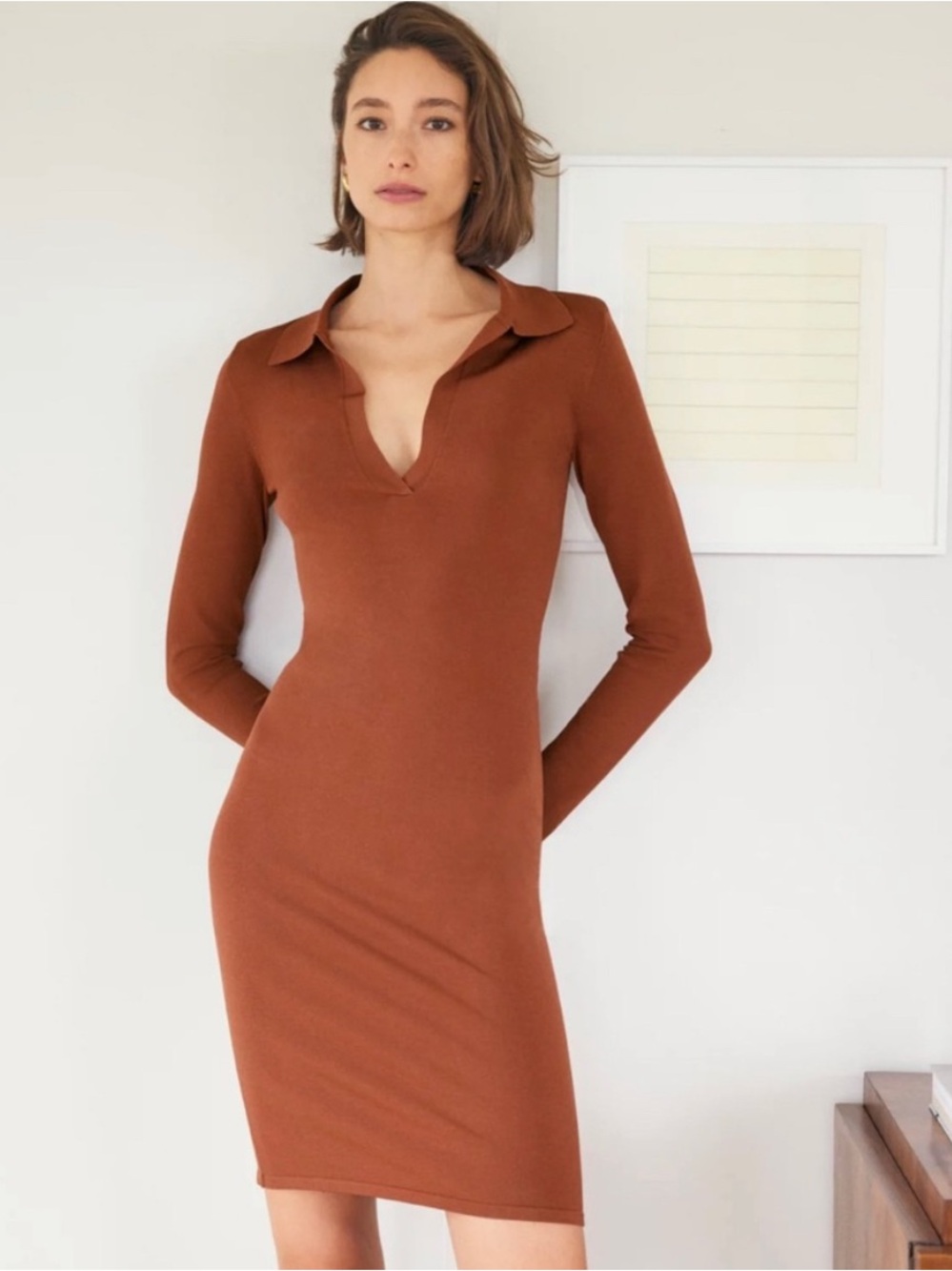 Aritzia Babaton Fame Polo Dress medium Rich Copper Ribbed Long Sleeves Stretch